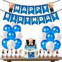 Party Propz Boss Baby Theme Decorations Combo - Happy Birthday Bunting, Blue White Balloons, Boss Baby Character Cake and Cupcake Toppers 60Pcs for Boys Bday Decorations Items Set/Kids Supplies
