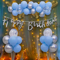 Party Propz Happy Birthday Banner (Cardstock Paper) Decoration Kit - 55Pcs Silver Combo Set for Boys Husband Balloons Decorations Items Combo with Blue & Silver Metallic Balloons and Net Curtains
