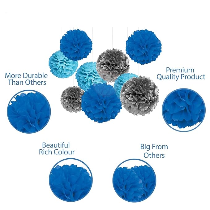 Party Propz Paper Pom Pom for Decoration 10 Inches Set of 9 Pcs (Silver, Light Blue & Dark Blue)