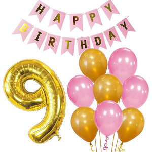 Party Propz 9th Birthday Girl Pink Combo Banner (cardstock) Balloon and Number 9 Foil Balloon 22Pcs for Kids Birthday Decoration