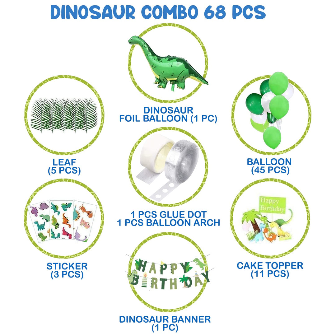 Party Propz Dinosaur Theme Happy Birthday Decoration Combo Set 68Pcs For Boys,Kids Parties/1st, First Bday Decorations/Dinosaurs Banner, Balloons,Leaves, Tattoo,Cupcake Toppers,Foil Balloon Items