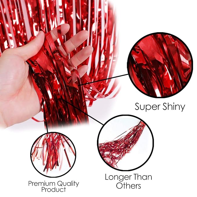 Party Propz 3 ft X 6 ft 10 inches Red Metallic Tinsel Foil Fringe Curtains for Birthday Wedding Engagement Bridal Shower Baby Shower Bachelorette Holiday Celebration Party Decorations (Set of 3)