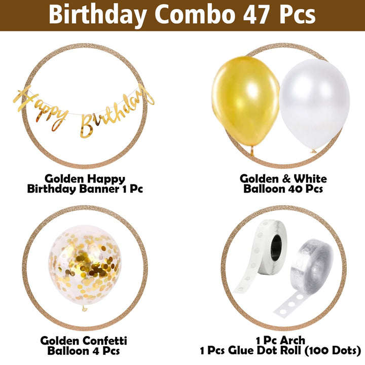 Party Propz Golden Birthday Decoration Items - Combo of 47 Pcs White Balloons for Decoration | Birthday Decoration Kit | Golden Balloons for Decoration | Happy Birthday Banner | Metallic Balloons