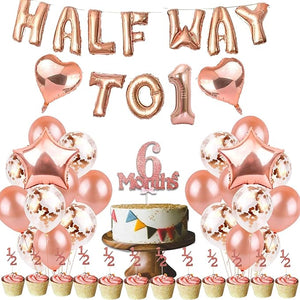 Party Propz Half Birthday Decorations For Baby Girl 6 Months-Half Way To One Foil Balloon|Cake Toppers|Balloons-6 Months Birthday Decorations For Girl/ 1/2 Birthday Decorations For Girls