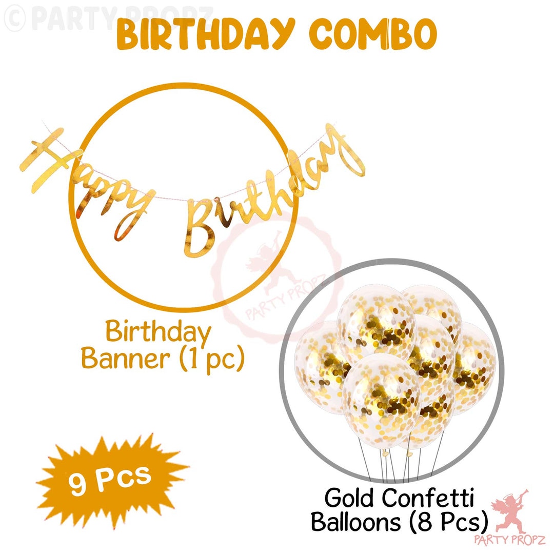 Party Propz Golden Happy Birthday Banner - 9 Pcs Birthday Decorations Kit With Golden Confetti Balloons For Decoration | Birthday Decorations Items for Wife | Birthday Decorations for Husband