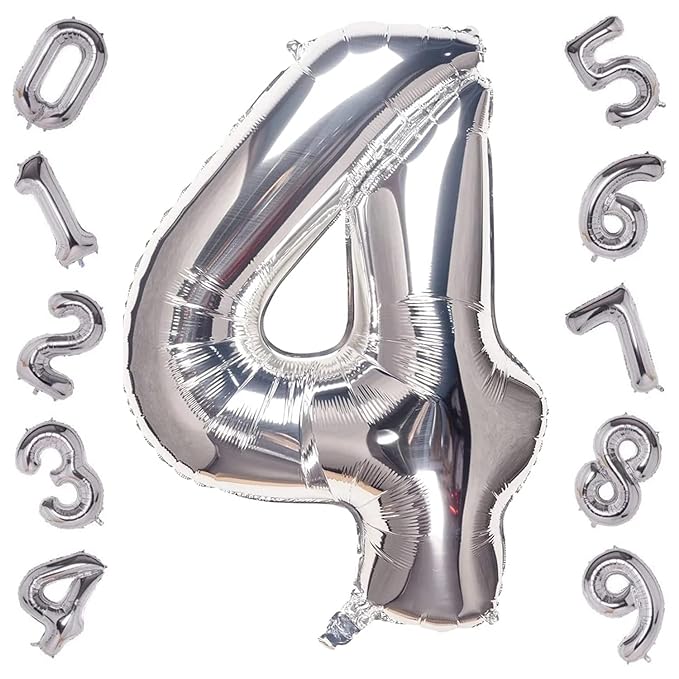 Party Propz Large 4 Number Foil Balloon - 16 Inch Silver Foil balloons for 4th birthday decorations | Anniversary Decoration | Balloon Decoration | Fourth Birthday Balloons, Anniversary Balloon
