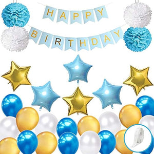 Party Propz Boys Birthday Balloons Decorations Items Kit ; Pom Pom; Star Foil Balloon; Banner (cardstock); Decoration Backdrop/Fortnight First Year Supplies ; 42Pcs ( Blue White; Golden )