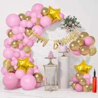 Party Propz Birthday Decoration Items - 65 Pcs, Happy Birthday Decorations Kids Adults | Pink Golden Theme Birthday Combo Girl Women Wife | Banner(Cardstock), Balloons, Hand Pump, Glue Dot, Arch Tape