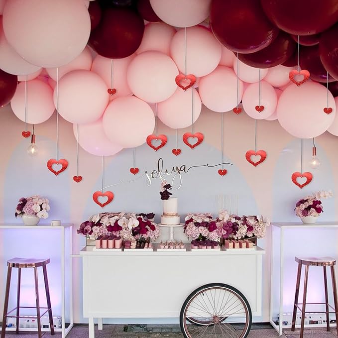 Party Propz Birthday Decoration Items - 72Pcs Red Heart Hanging & Silver Tassels for Romantic Decoration for Bedroom | Anniversary Decoration for Husband Wife | Heart Hanging Decoration