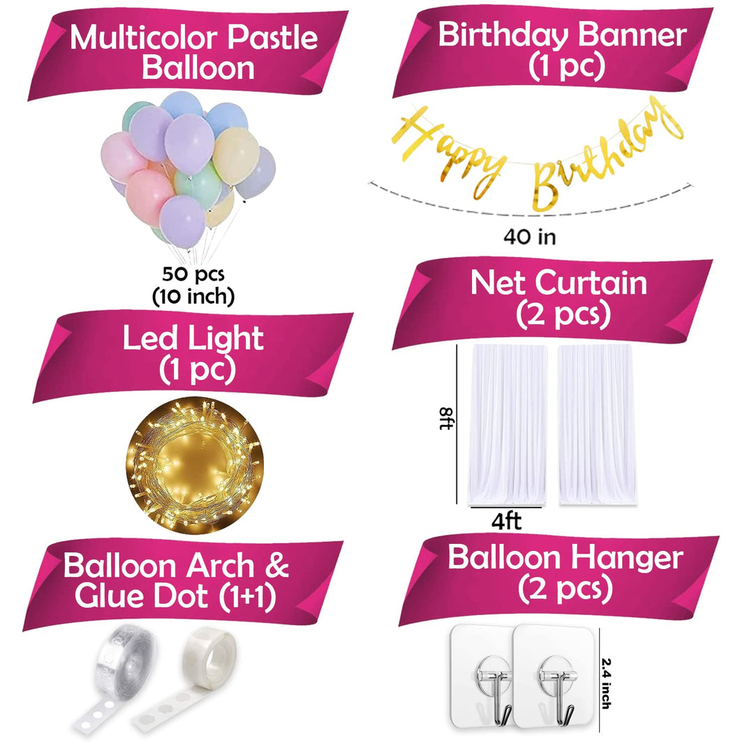 Party Propz Pastel Birthday Decoration Items - 58 Pcs Rainbow Theme Happy Birthday Decoration Kit | Multicolour Pastel Rainbow Balloons for Birthday Decoration Set | Girls Kids Birthday Decoration