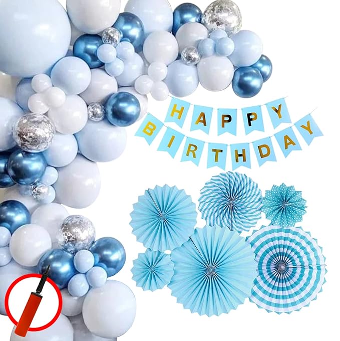 Party Propz Happy Birthday Decorations for Boys- Blue Paper Fan, Hand Balloon Pump, Metallic Balloons with Blue Paper Banner -Decoration Items for Birthday | Birthday Decoration kit Combo-78Pcs