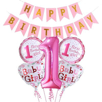 Party Propz Pink 1st Birthday Decoration For Baby Girl With Happy Birthday Banner (cardstock) Number 1 Foil Balloon And Round Foil Balloons Combo - 6Pcs.