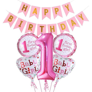 Party Propz Pink 1st Birthday Decoration For Baby Girl With Happy Birthday Banner (cardstock) Number 1 Foil Balloon And Round Foil Balloons Combo - 6Pcs.