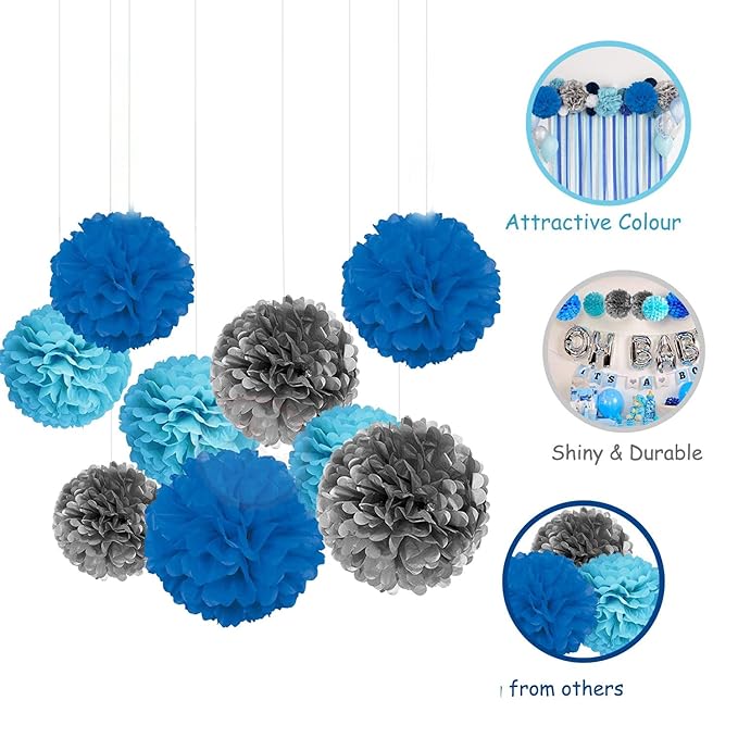 Party Propz Paper Pom Pom for Decoration 10 Inches Set of 9 Pcs (Silver, Light Blue & Dark Blue)