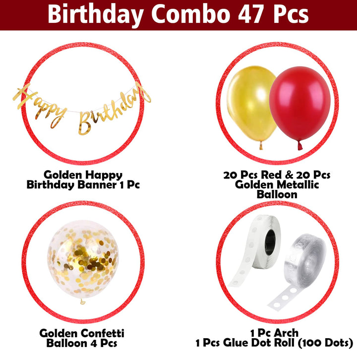 Party Propz Birthday Decoration Items for Boys - 47 Pcs, Red and Golden Balloons for Decoration | Happy Birthday Banner (Cardstock) | Birthday Decoration For Wife | Birthday Decorations for Husband