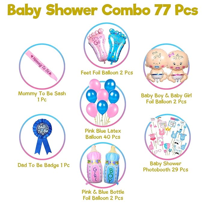 Party Propz Baby Shower Combo Decorations Material Set - 77Pcs Baby Shower Photobooth Props, Latex Balloon, Feet Foil Balloon, Bottle Foil Balloon, Sash and Badge, Maternity, Pregnancy Photoshoot