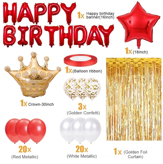 Party Propz Happy Birthday Decoration Kit Combo Red & Golden, Balloons, Foil Curtain, Crown Foil 48pcs - Birthday Party Decoration Kids, Girl, Boys, husband, wife, Girl friend, Adult Party Supply
