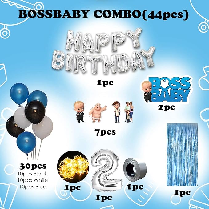 Party Propz Boss Baby Theme Decorations Combo Set -44Pcs for Boys 2nd Birthday Party Decorations,Birthday Decorations kit for Boys 2nd birthday/ Baby Birthday Decoration Items 2 Year for Boys Bday Decorations Items for Kids