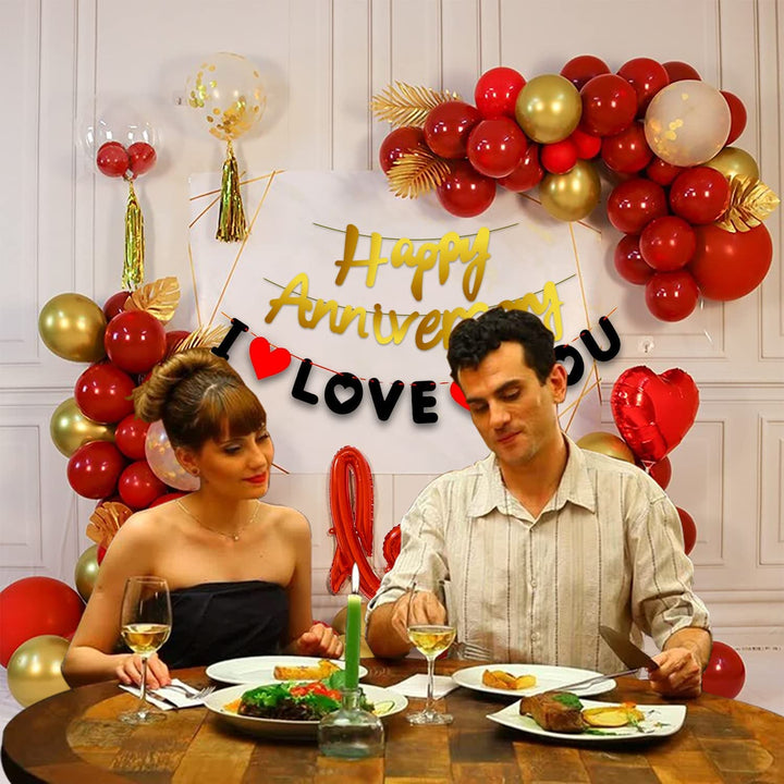 Party Propz Happy Anniversary Decoration Items Kit - 45Pcs Wedding Anniversary Decoration Items | Golden Happy Anniversary Banner | I love You Banner | Anniversary Decoration for Couple, Boyfriend, Husband | Love Foil Balloon