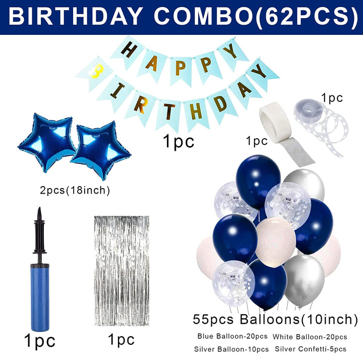 Party Propz Birthday Decoration Items for Boys - Pack of 62, Blue Birthday Decoration Kit with Confetti Balloons | Birthday Decorations for Husband | Blue Balloons for Birthday Decorations for Boys