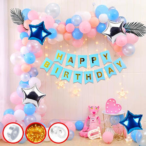 Party Propz Happy Birthday Decorations for Boys - Blue Happy Birthday Paper Banner (cardstock), Blue Star Foil, Metallic Balloons With Led Fairy Lights - Birthday Decoration kit Combo-68Pcs