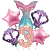Mermaid Theme Birthday Decorations - Set of 6Pcs Mermaid Theme Foil Balloons | 3 Year Birthday Decoration Items for Girls | Mermaid Decoration for Birthday | Mermaid Foil Balloons for 3rd Birthday