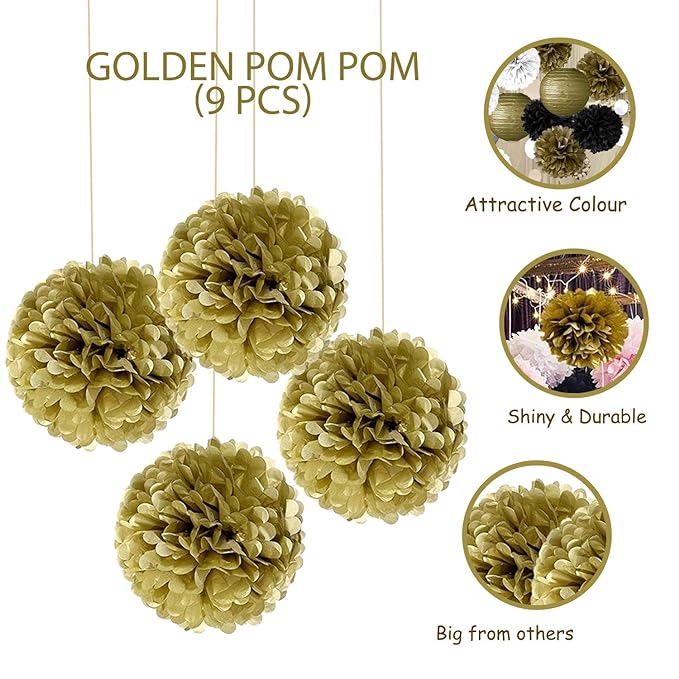 Party Propz Golden Paper Pom Pom 10" 9Pcs for Ceiling Hanging Decoration Home / 50 Birthday Parties / Golden Theme Decor