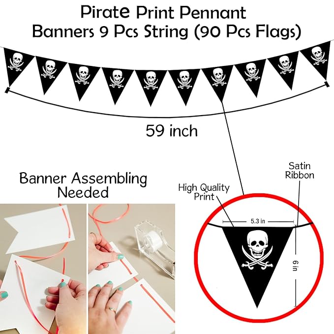 Party Propz Pirate Theme Banner Flags (Cardstock) - 90 Flags, Pennant Banner For Decoration | Pirate Flags Decoration For Boys | Bunting Flag Decoration | Birthday Decoration Items | Banner For Party
