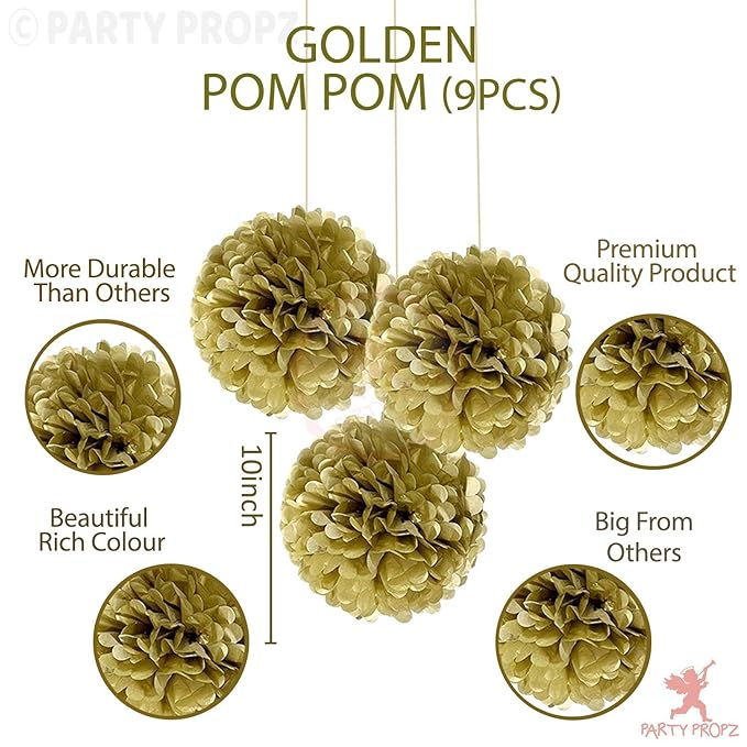 Party Propz Golden Paper Pom Pom 10" 9Pcs for Ceiling Hanging Decoration Home / 50 Birthday Parties / Golden Theme Decor