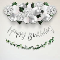 Party Propz Silver Birthday Decoration Items - 37 Pcs Birthday Decorations Kit With Balloons & Artificial Leaves | Silver Confetti Balloons for Birthday | Birthday Banner for Decorations (Cardstock)