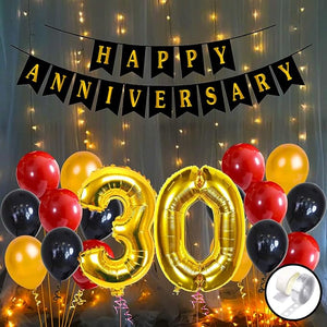 Party Propz 30th Happy Anniversary Decoration Items with LED Light Banner, Balloons, Arch, Glue Dot 56Pcs Set for 30th Party Room Decoration Combo Set/Couple Wedding, Marriage Celebration