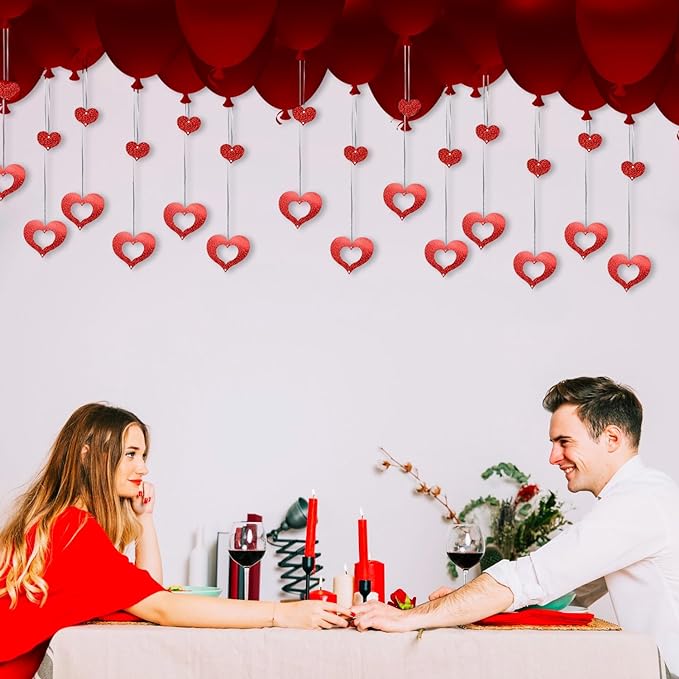 Party Propz Birthday Decoration Items - 72Pcs Red Heart Hanging & Silver Tassels for Romantic Decoration for Bedroom | Anniversary Decoration for Husband Wife | Heart Hanging Decoration