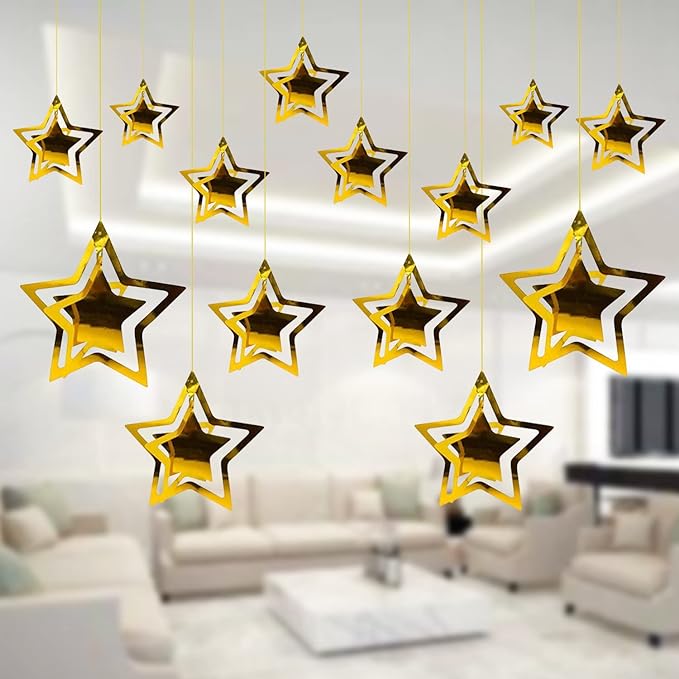 Party Propz 3D Star Hanging Decoration - 14 Pcs | Room Hanging Decor | Ceiling Hanging Decoration Items | Happy Birthday Decoration Items | Decoration Items for Living Room | Hanging Decoration Item