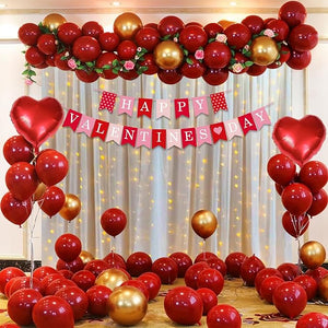 Party Propz Valentines Day Decoration Items - 46Pcs Gold and Red Balloons for Decoration with Happy Valentines Banner (cardstock) & Red Heart Foil Balloons, Foil Curtain, LED lights for Girlfriend