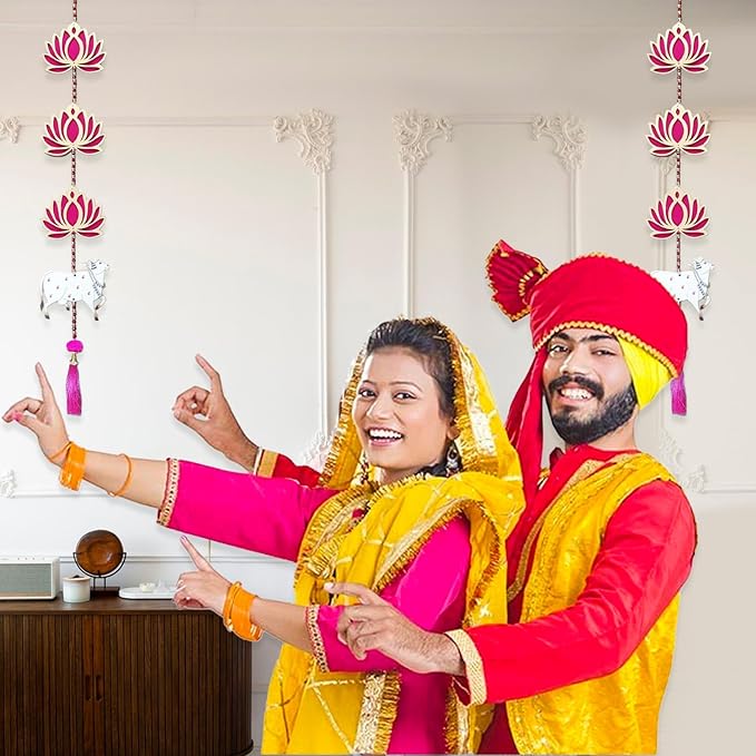 Party Propz Handmade Lotus with Pichwai Cow Wall and Door Hanging - 2 Pcs MDF Floral Wall Hangings for Home Decoration | Mandir Decorations Items | Rajasthani Main Door Entrance