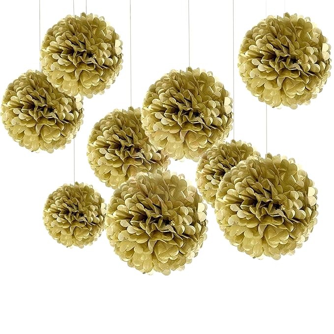 Party Propz Golden Paper Pom Pom 10" 9Pcs for Ceiling Hanging Decoration Home / 50 Birthday Parties / Golden Theme Decor