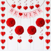 Party Propz Birthday Decoration Items - 13pcs Heart Hanging Decoration Items | Pom Pom & Be Mine Paper Banner | Anniversary Decoration Items Kit | Heart Garland Decoration | Birthday Decoration Kit