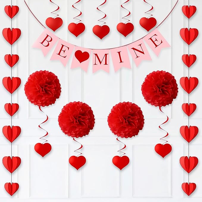 Party Propz Birthday Decoration Items - 13pcs Heart Hanging Decoration Items | Pom Pom & Be Mine Paper Banner | Anniversary Decoration Items Kit | Heart Garland Decoration | Birthday Decoration Kit