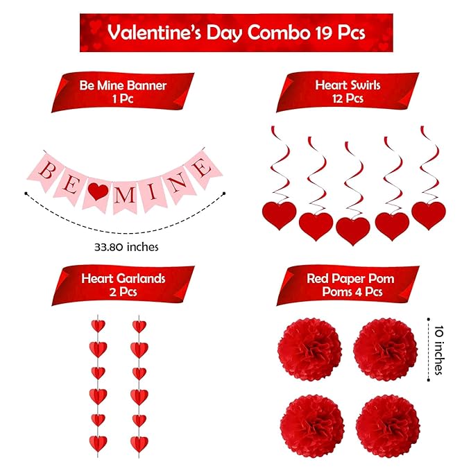 Party Propz Birthday Decoration Items - 13pcs Heart Hanging Decoration Items | Pom Pom & Be Mine Paper Banner | Anniversary Decoration Items Kit | Heart Garland Decoration | Birthday Decoration Kit