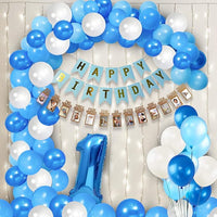 Party Propz 1st Birthday Decoration Items Combo- Set of 56 Pcs | 12 Months Photo Banner(cardstock) for Birthday | Blue Birthday Decoration with Led Light | Balloons for Decoration