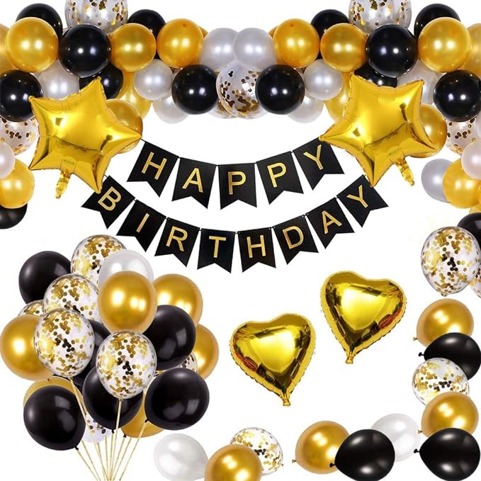 Party Propz Happy Birthday Decoration - Huge 50 Pcs, Black and Gold Balloons for Birthday Decoration|Star, Heart Shaped Foil Balloons For Decoration|Metallic, Latex Balloons For Birthday Decoration