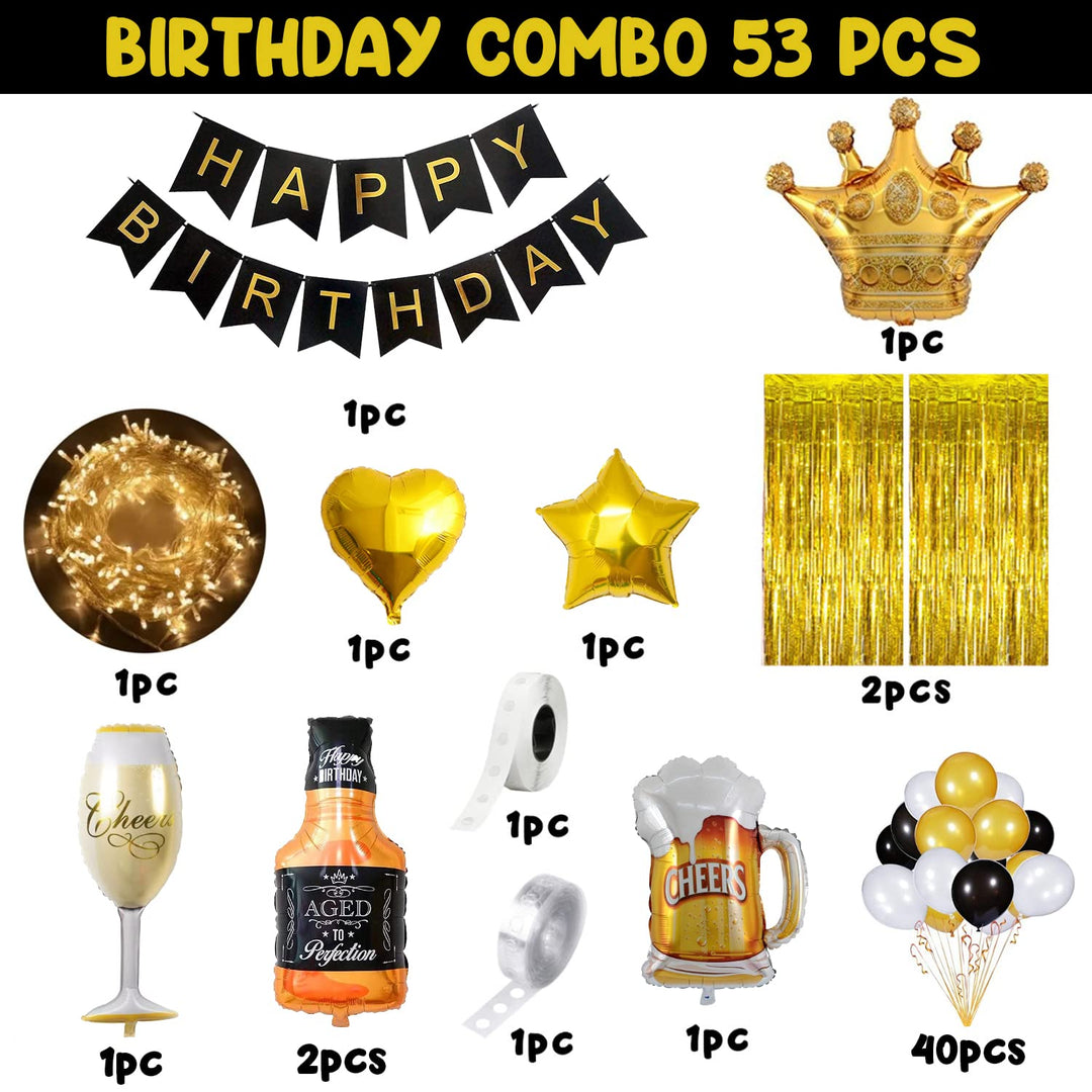 Party Propz Birthday Decoration Items - 53 Pcs, Happy Birthday Decoration Husband Wife | Golden Theme Birthday Decoration Items Boy Girl | Foil, Metallic Balloons, Curtain, Tape, Glue Dot for Decor