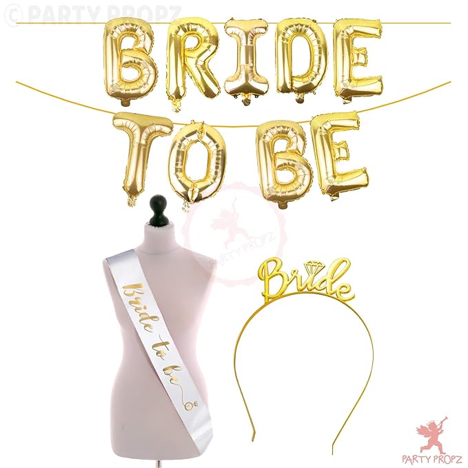 Party Propz Bride To Be Decoration Set Combo -3Pcs Bride To Be Sash | Bride To Be Crown | Bride To Be Banner (cardstock) Gold Foil Balloon | Bachelorette Party Decorations | Bride To Be Sash And Crown