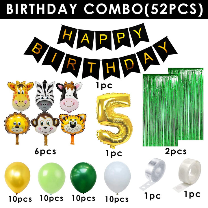 Party Propz 5th Birthday Decoration- 52 Pcs, Jungle Theme Birthday Decoration | 5 Year Birthday Decorations Boys Girls | Fifth Birthday Decoration Items | Animal Foil, Metallic Balloons For Decoration