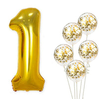 Party Propz Set of 6-1 number Foil Balloons with Gold confetti balloons for Kids 1st birthday decoration