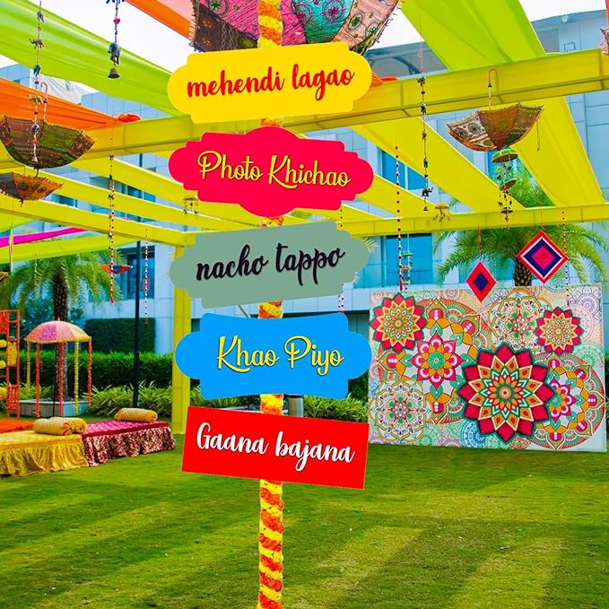 Party Propz Mehandi Decoration Items- 5Pcs Mehendi Door Decoration | Wedding Decoration Door Board (Cardstock) | Door Board Decoration for Mehendi Ceremony | Haldi Ceremony Decoration | Mehndi Welcome