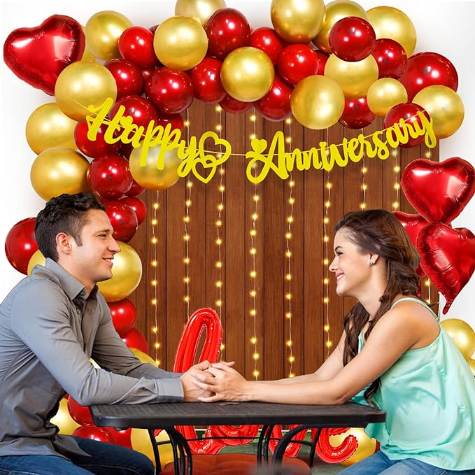 Party Propz Rubber Romantic Anniversary Decoration Items Kit - 62Pcs Wedding Anniversary Decoration Items|Golden Happy Anniversary Banner|Happy Anniversary Decoration|Happy Anniversary Balloons