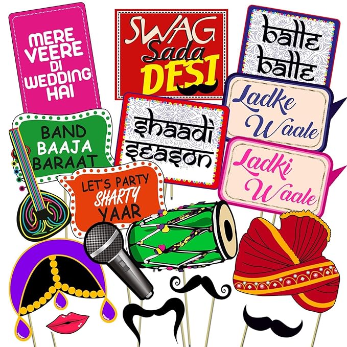 Party Propz Props for Haldi Ceremony - 17 Pcs Mehndi Props | Ladki and Ladke Wale Props for Wedding | Marriage Props for Wedding | Haldi Props for Bride and Family | Haldi Props for Groom and Family