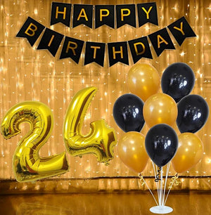 Party Propz 24th Birthday Gold Black Happy Birthday Banner Decoration Combo with Warm Led Light Set 24Pcs for Boys and Girls Birthday Supplies