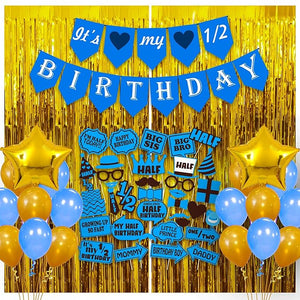Party Propz Half Birthday Decorations For Baby Boy Combo- 51Pcs Set For 6 Months Birthday Decorations For Boy & Girls - Half Bday Banner (cardstock), Balloons, Foil Balloon, Photo Booth, Foil Curtains